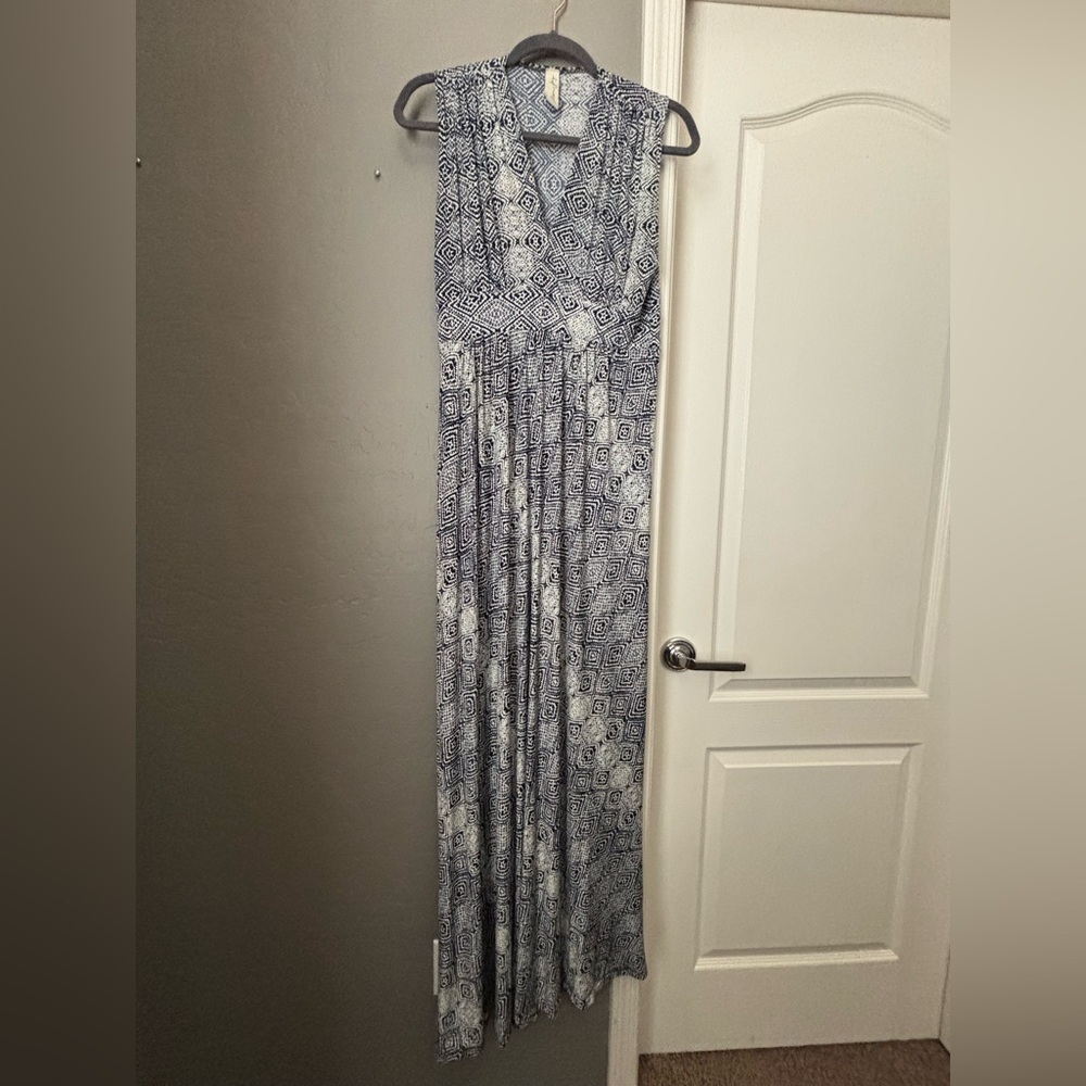 Alison Joy Blue and White Geometric Maxi Dress